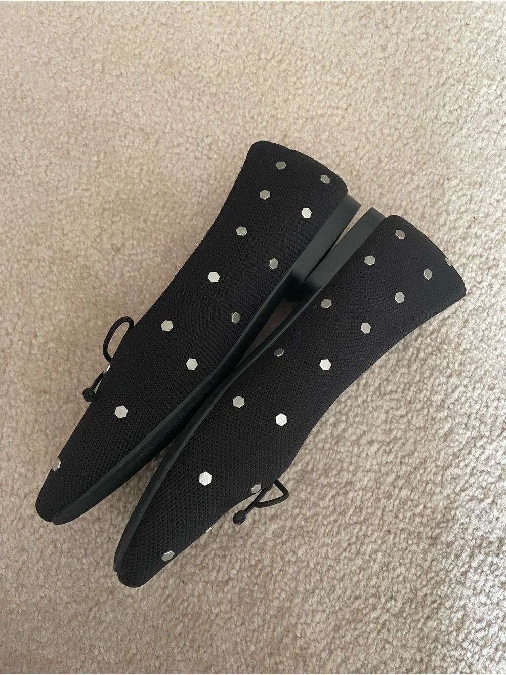 VIVAIA Margaret Square Toe Ballet Flats Black Studded Bow Size 39 US 8